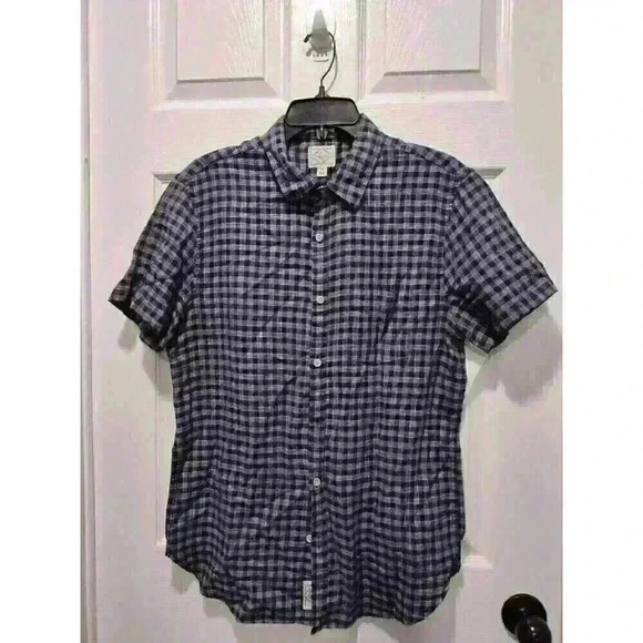 Lucky Brand Blue Gold Plaid Cotton Linen Short Sleeve Button Up Shirt Mens Med‎ - Picture 1 of 5